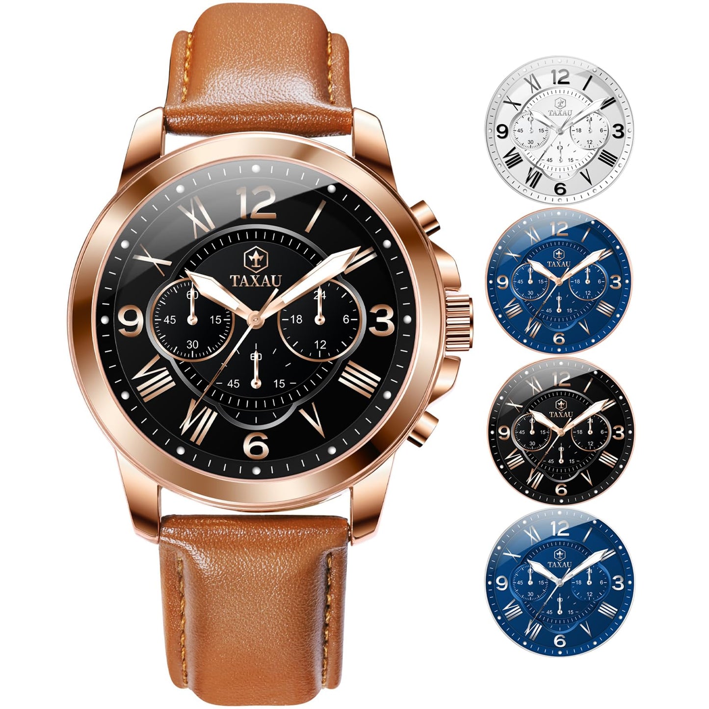 Taxau Mens Watches Waterproof Leather Watches for Men Classic Chronograph Men's Dress Watch Casual Business Analog Quartz Mens Wrist Watch Brown Band with Date Luminous
