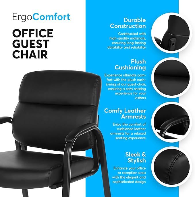 Oline Leather Guest Chair with Padded Arms, Reception Meeting Conference Waiting Room Lobby Home Desk Big and Tall Executive Office Chair, Black (1 Pack)