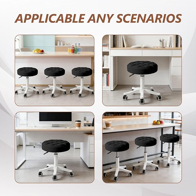 JPBSTO Small Rolling Stool with Wheels, PU Leather Height Adjustable Vanity Work Task Stool, 360 Swivel, Padded Seat Cushion, for Salon, Home, Office
