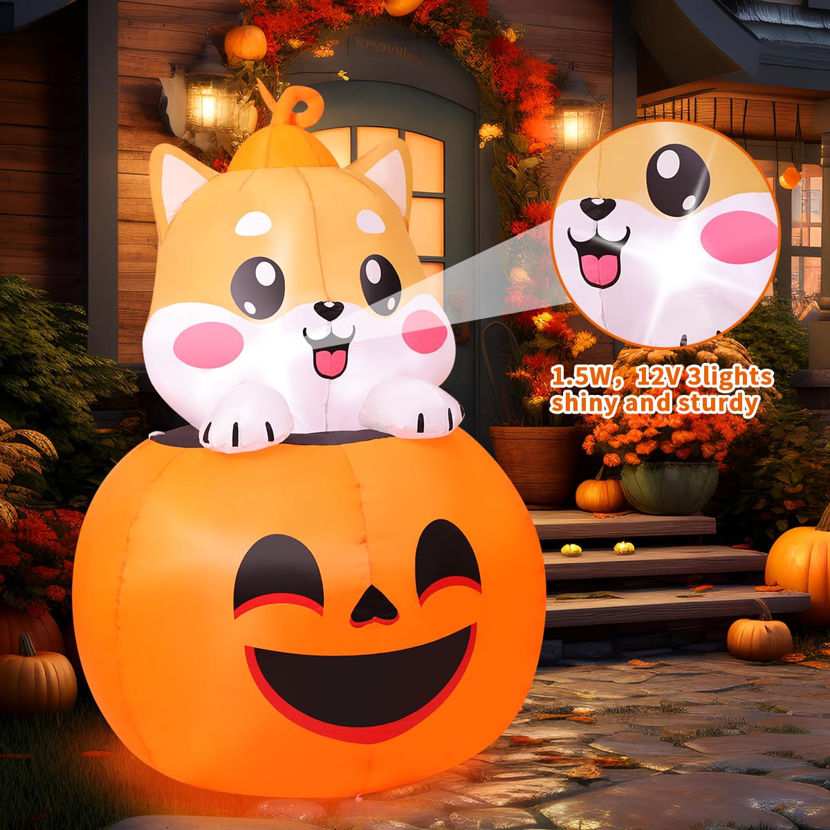 COMIN 5FT Halloween Inflatables Dog Lie on Pumpkin Blow Up Outdoor Yard Decorations with Built-in LEDs for Garden Lawn Decor
