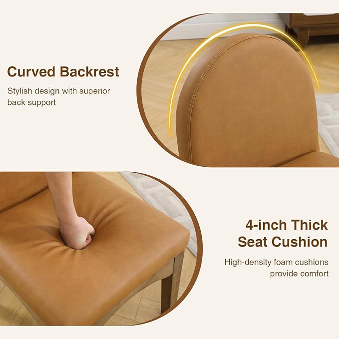DUOMAY Modern Dining Chairs Set of 2, Mid Century Faux Leather Dining Room Chairs Upholstered Kitchen Chairs with Solid Rubberwood Legs, Armless Accent Side Chairs, Brown