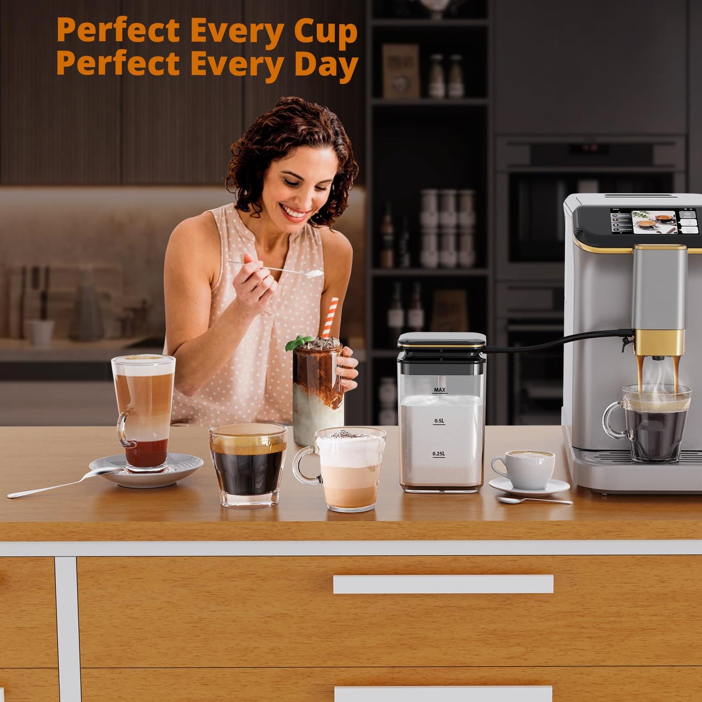 Garveehome Fully Automatic Espresso Coffee Machine with Milk Frother, 20 Bar Pressure, 15 Adjustable Grind Levels, 8 in-1 Coffee Maker with TFT Touchscreen, Removable Water Tank Cappuccino Latte Maker