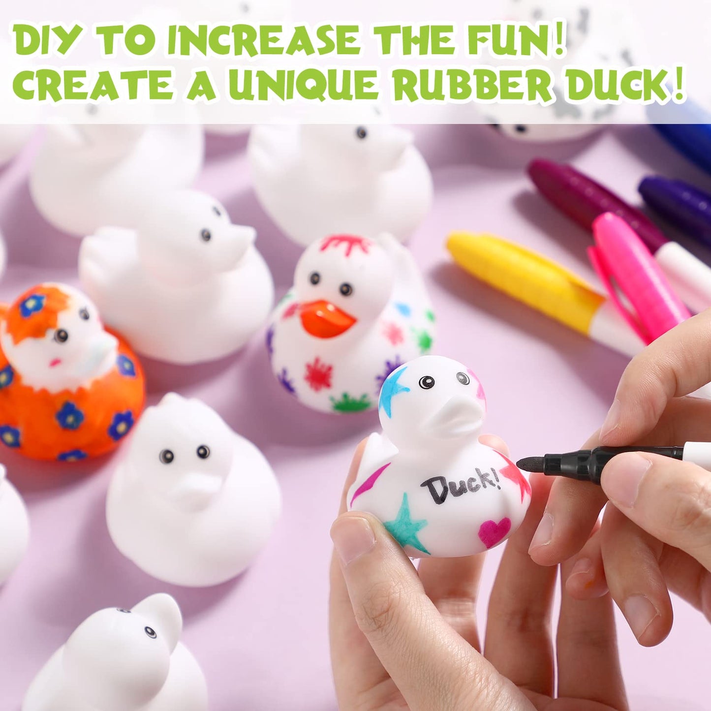Jerify 12 Pcs 2 Inch White Blank Rubber Ducks Creative Rubber Ducks with Pens of 12 Colors for Pool Bathtub Float Cute Easter DIY Crafts Birthday Gifts Baby Party Favors for Kids