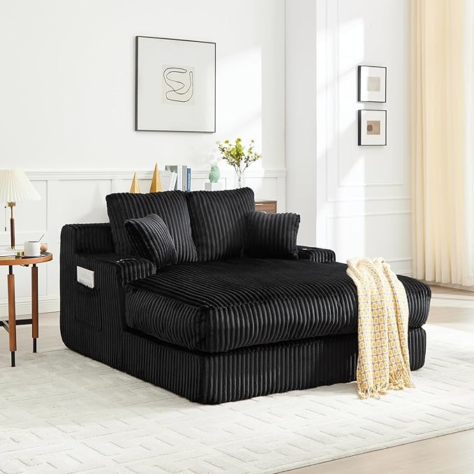 Asukale 60" Oversized Chaise Lounge Chair Indoor, Boneless Cloud Chair Bed with 4 Pillows & Armrests, No Assembly Corduroy Upholstered Sofa for Living Room, Bedroom, Apartment(Black)