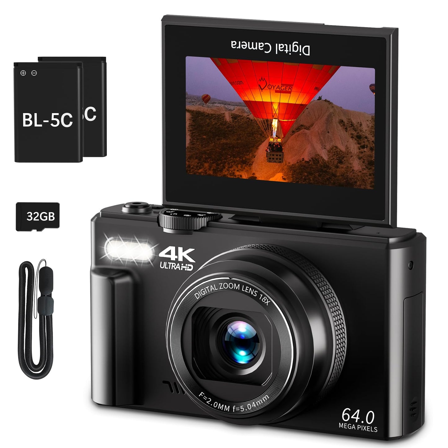 4K Digital Camera For Photography  64Mp Vlogging Camera For Youtube With 3  180 Flip Screen  18X Digital Zoom Point And Shoot Camara With 32Gb Micro Sd Card For Beginner (Black) -Like New