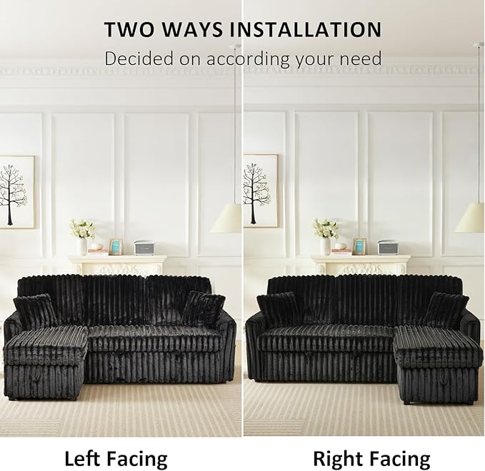Sleeper Sofa Bed, 81” Pull Out Couch Bed with Reversible Storage Chaise, 3 in 1 L-Shaped Couch with Charging Station, Cup Holder, Side Pocket, Plush Corduroy Couches for Living Room(Black)