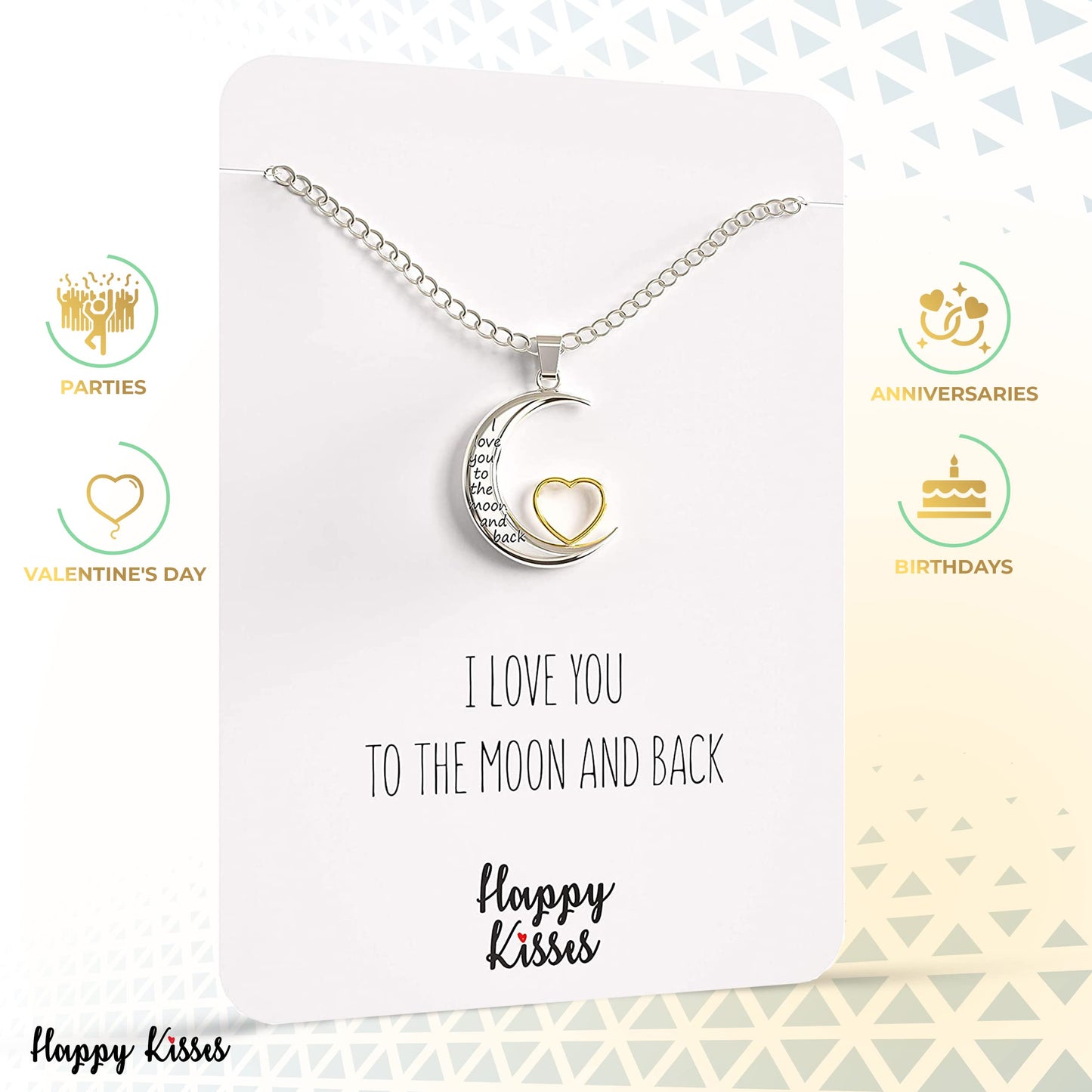 Happy Kisses I Love You to the Moon and Back Pendant Necklace, 18-Inch Silver and Gold