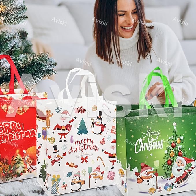 8PCS Christmas Gift Bags, Non-Woven Treat Tote Large Christmas Bags with Handles for Gifts Wrapping Shopping, Xmas Party Supplies, 15"×13.8"×5.9"