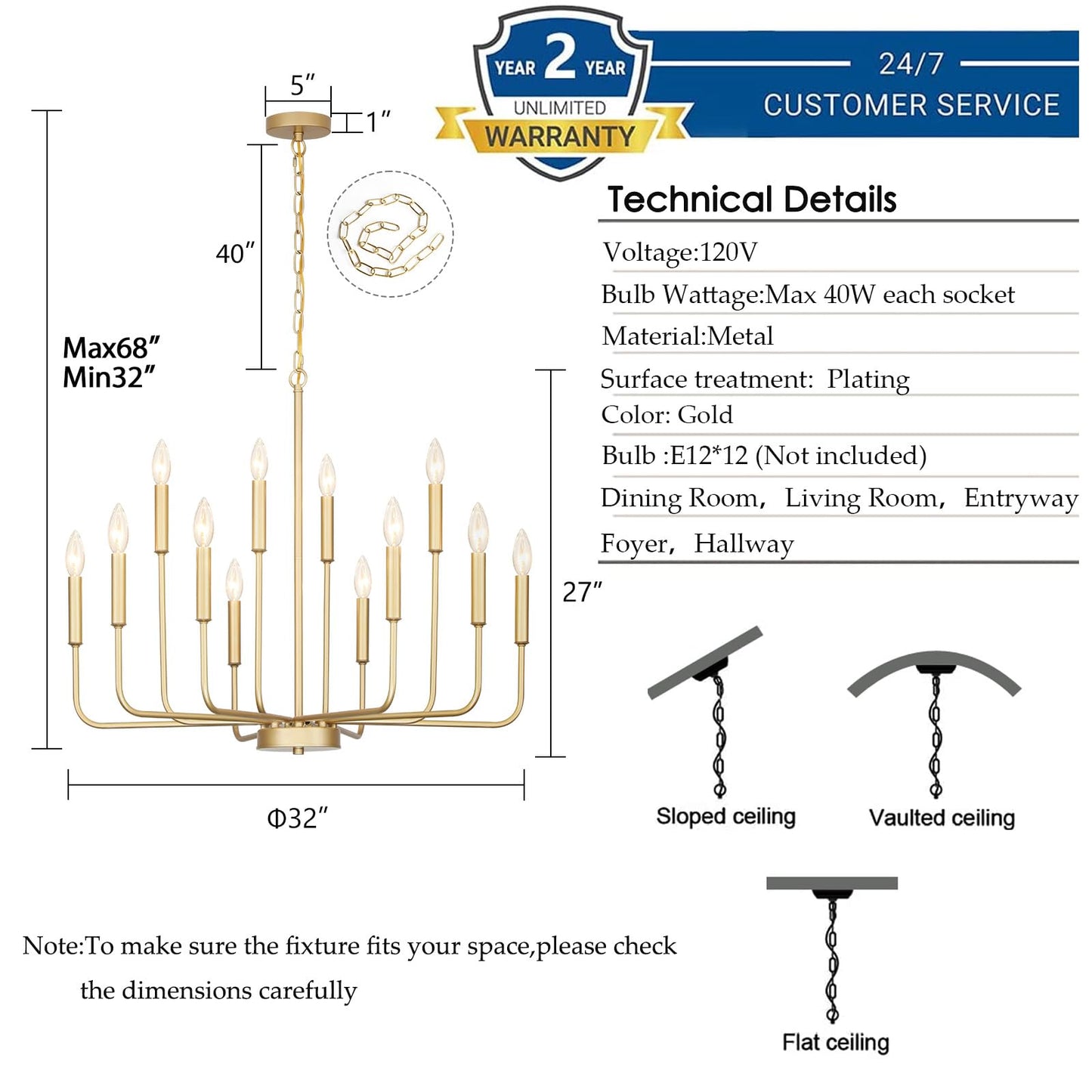Gifarich Gold Chandeliers for Dining Room Light Fixture Over Table, Modern Farmhouse Chandeliers for Living Room,12-Lights Candle Lighting Fixtures for Entryway Kitchen Island Foyer