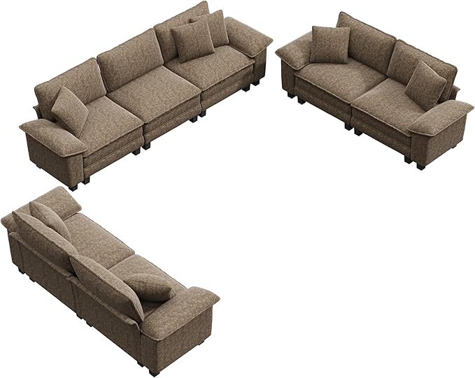 PHI VILLA Cloud Modular Couches Sets, 3 Pieces Large Sectional Sofa Set with Loveseats, 7-Seater Upholstered Couch for Living Room, Chenille Fabric, Taupe