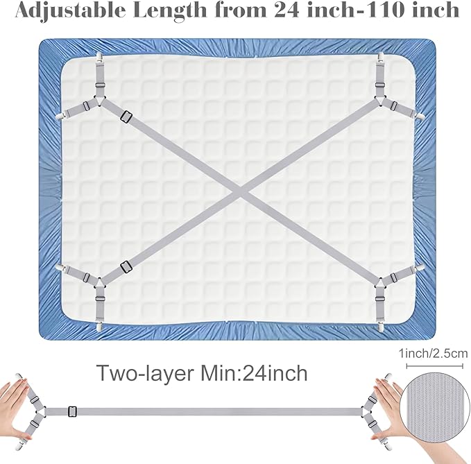 Morcheiong 2 Pack Bed Sheet Fasteners Straps Adjustable Bed Sheet Holder Bands with Sheet Clips for Bedding Stays Bedsheet Tie Downs - Grey