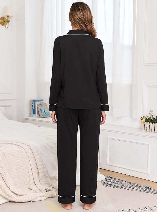Veseacky 100% Cotton Pajamas for Women Set Long Sleeve Button Down Sleepwear Soft Pjs Lounge Sets with Pockets XS-XXL