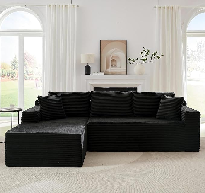 Vanress Cloud Couch Sectional, Corduroy Boneless Couch with L-Shape Chaise, Modern Modular Sectional Sofa Comfy Deep Seat for Living Room, Bedroom, No Assembly (Black, Left Facing Chaise)