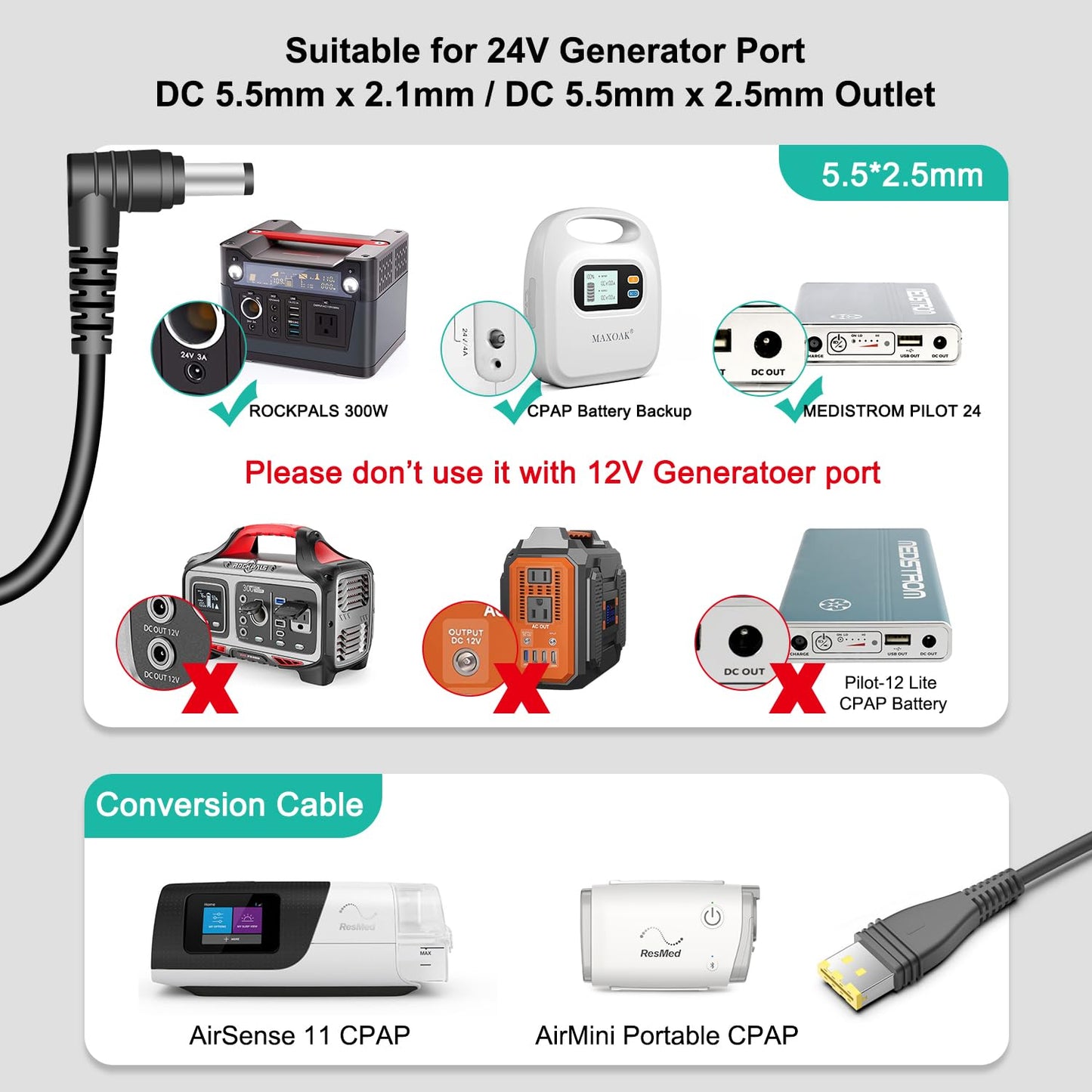 HKY 24V DC Cable for All Resmed AirSense/AirCurve 11 CPAP Machine & ResMed AirMini Auto CPAP Machines 6Ft DC Power Cord with 5.5x2.5mm/2.1mm Power Jack Fit 24V Battery Backup/Power Station/Power Bank