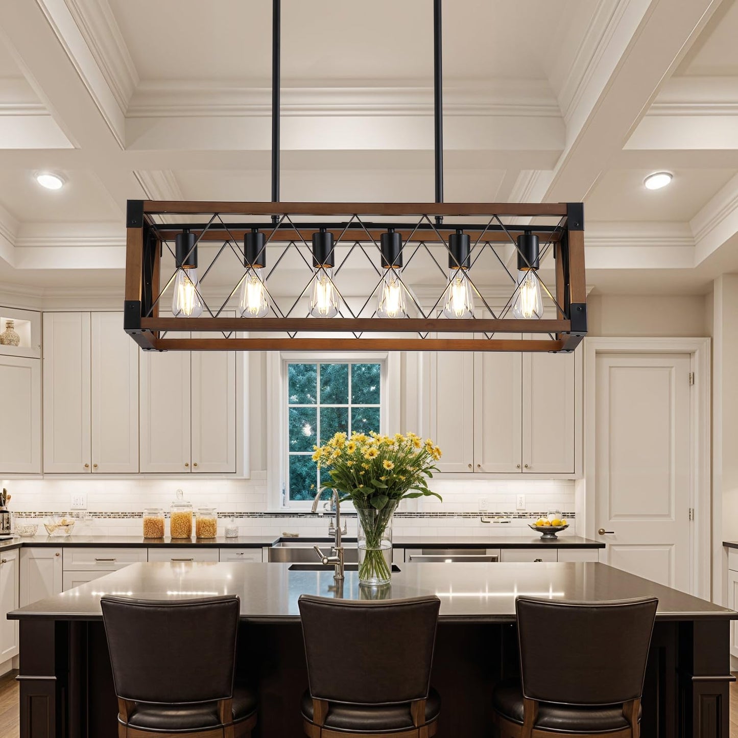 Dining Room Light Fixture/Chandelier Over Table,Matte Black Rustic Wood Ceiling Pendant Light,6-Light Kitchen Island Lighting Fixtures, Linear Farmhouse Chandeliers for Dining Room,Kitchen Island