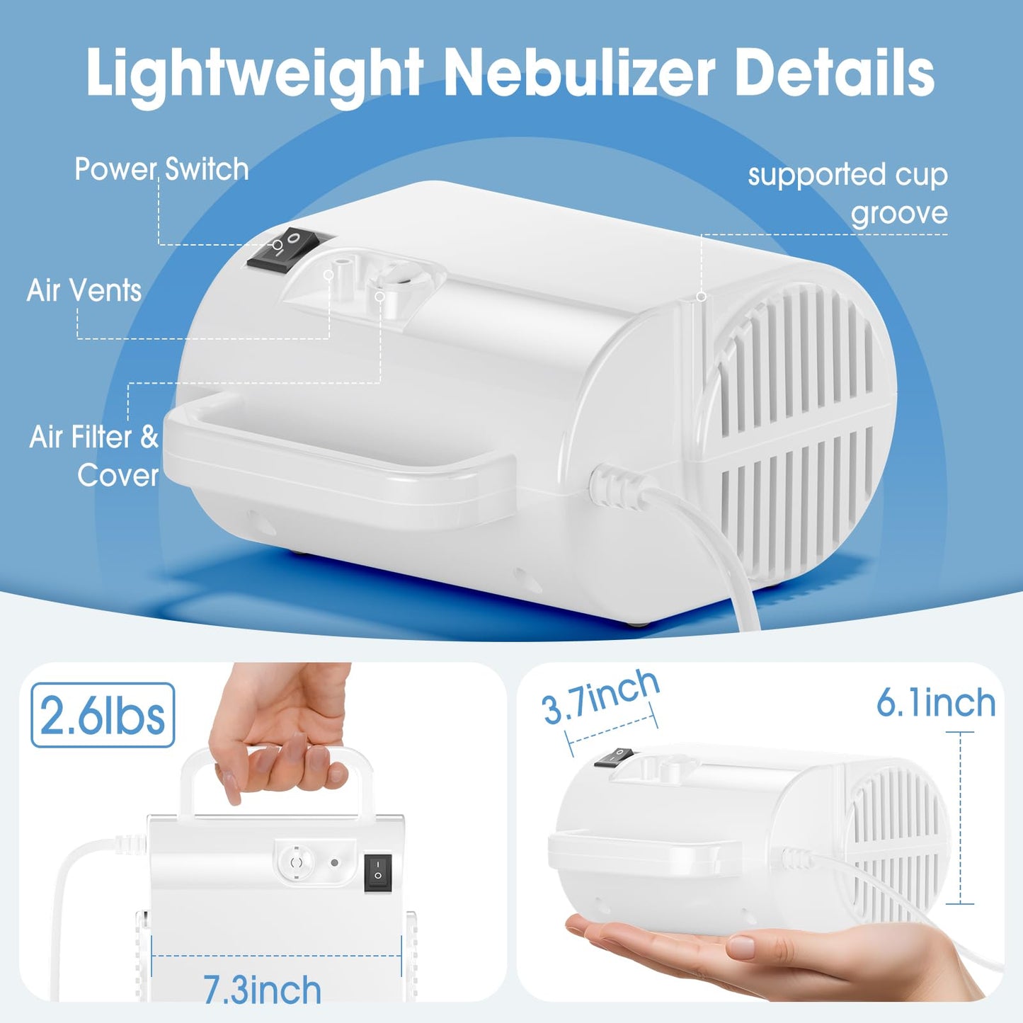 Portable Nebulizer Machine for Adults and Kids, Professional Handheld Inhaler Mist Breathing Compressor System Kit with Adjustable Cup, Adult and Kid Mask, Mouthpiece, Tubing for Home and Travel Use