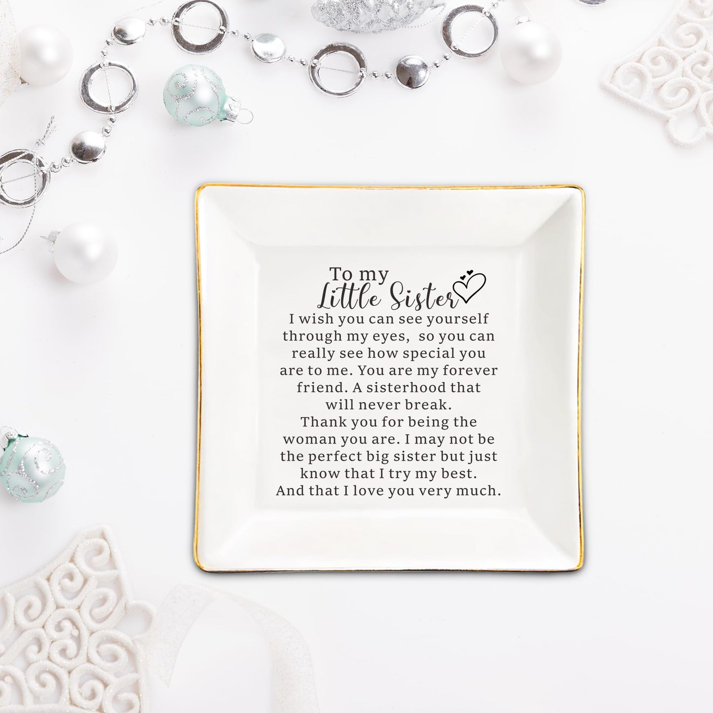 XJF To My Little Sister Ceramic Jewelry Dish, Friendship Gifts, Christmas Gift for Little Sister from Sisters, Happy Birthday Gifts for Little Sister