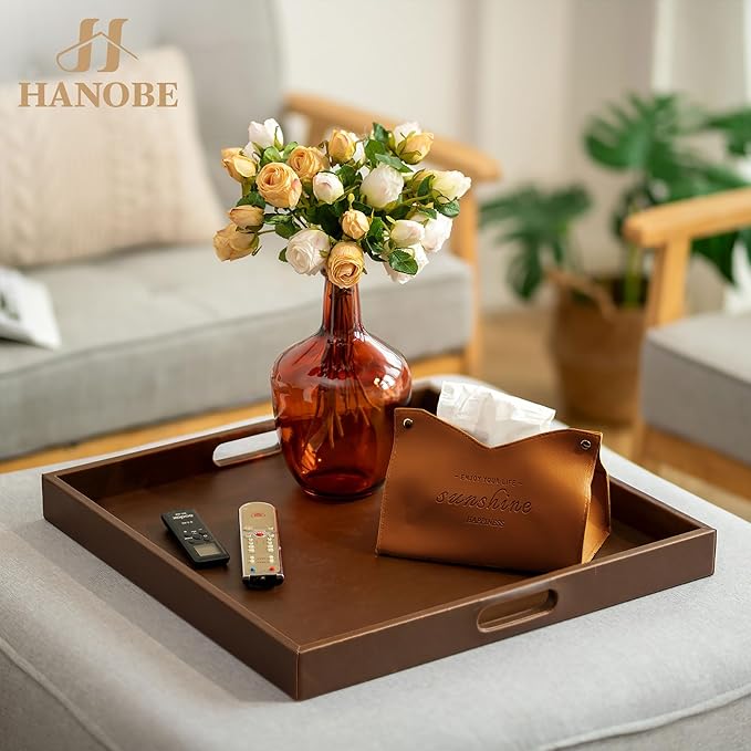 Hanobe Ottoman Serving Tray Large: 20'' Decorative Trays with Handles - Leather Coffee Table Decor for Extra Big Counter Home Living Room - Oversized