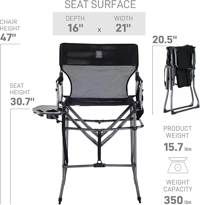 EVER ADVANCED Tall Textilene Camping Chair Mesh Directors Chair High Foldable Bar Stool with Side Table for Makeup Artist, Sports Event, Craft Show, Supports 350LBS Black
