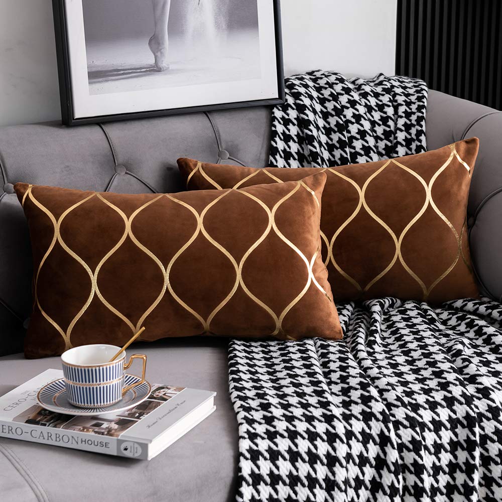 DEZENE Gold Velvet Throw Pillow Covers: 2 Pack 12x20 Inch Rectangular Decorative Pillow Cases for Bedroom Sofa Couch Living Room, Light Brown