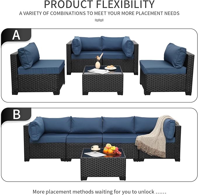 WAROOM Outdoor Patio PE Wicker 5 Piece Furniture Set, Black Rattan Sectional Conversation Sofa Chair with Coffee Table, Navy Blue Cushion