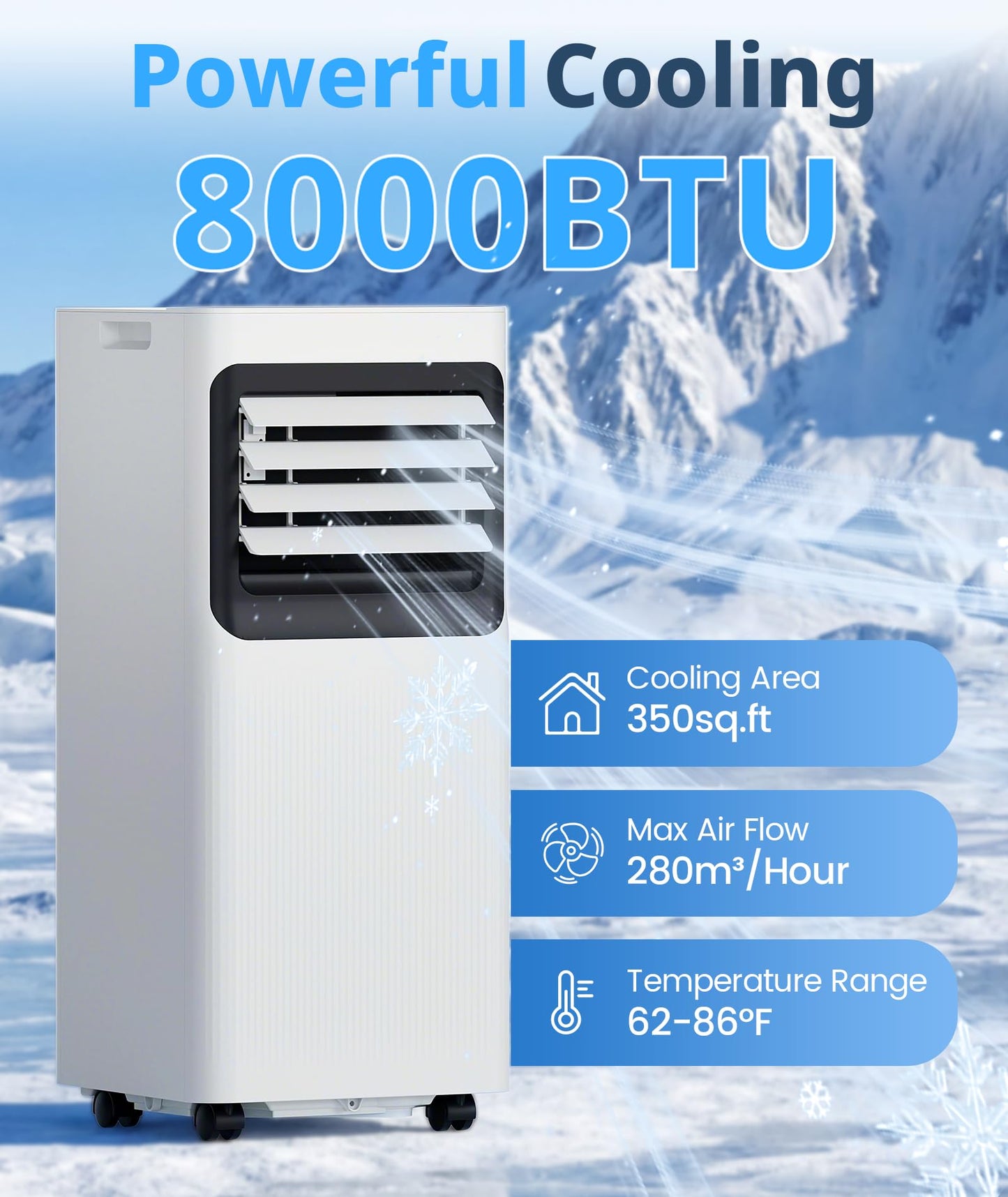 8000 BTU Portable Air Conditioner, 4-in-1 AC Unit Cools 350 Sq.Ft, Quiet Air Conditioner with Dehumidifier & Fan, LED Display, Remote, 24H Timer, Window Kit for Bedroom Office Dorm