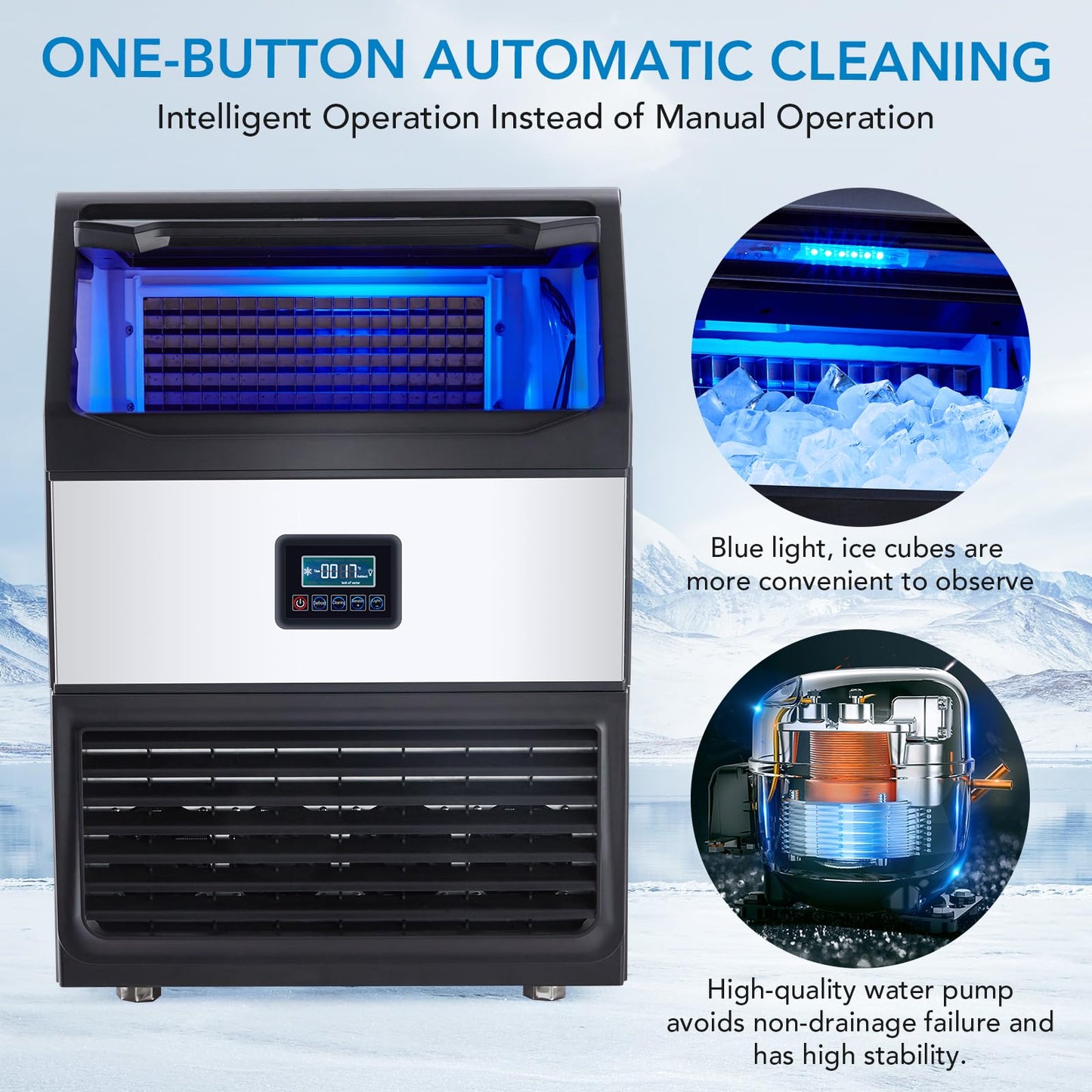 Commercial Ice Maker, 265lbs/24H Production, 55lbs Storage, Quiet & Energy-Saving 580W Compressor, for Home, Bar, Party