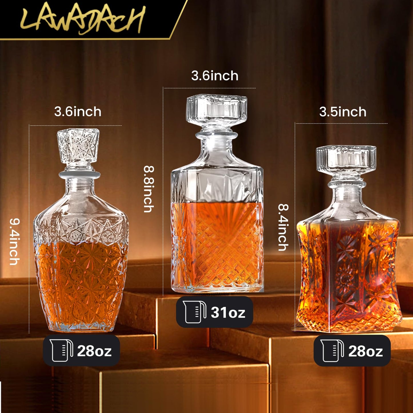 LAWADACH Whiskey Decanter, Liquor Decanters Set of 3, Glass Alcohol Bottle for Vodka, Tequila and Bourbon Unique Whiskey Bar and Party Decorations (28oz*2, 31oz*1)