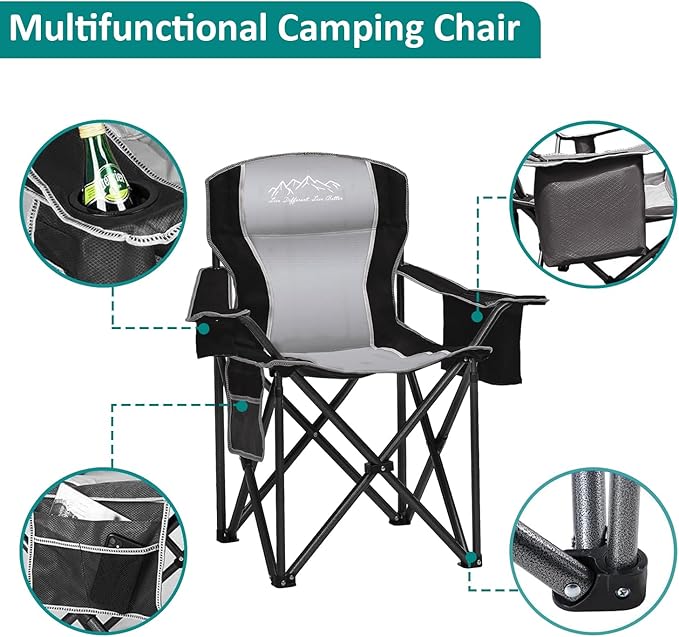 SAILARY Camping Chair Heavy Duty High Back Folding Chair with Cup Holder, 450lbs Capacity, Padded Seat, Cooler Bag & Storage Pocket, Portable for Outdoor, Beach, Fishing, Sports, Black