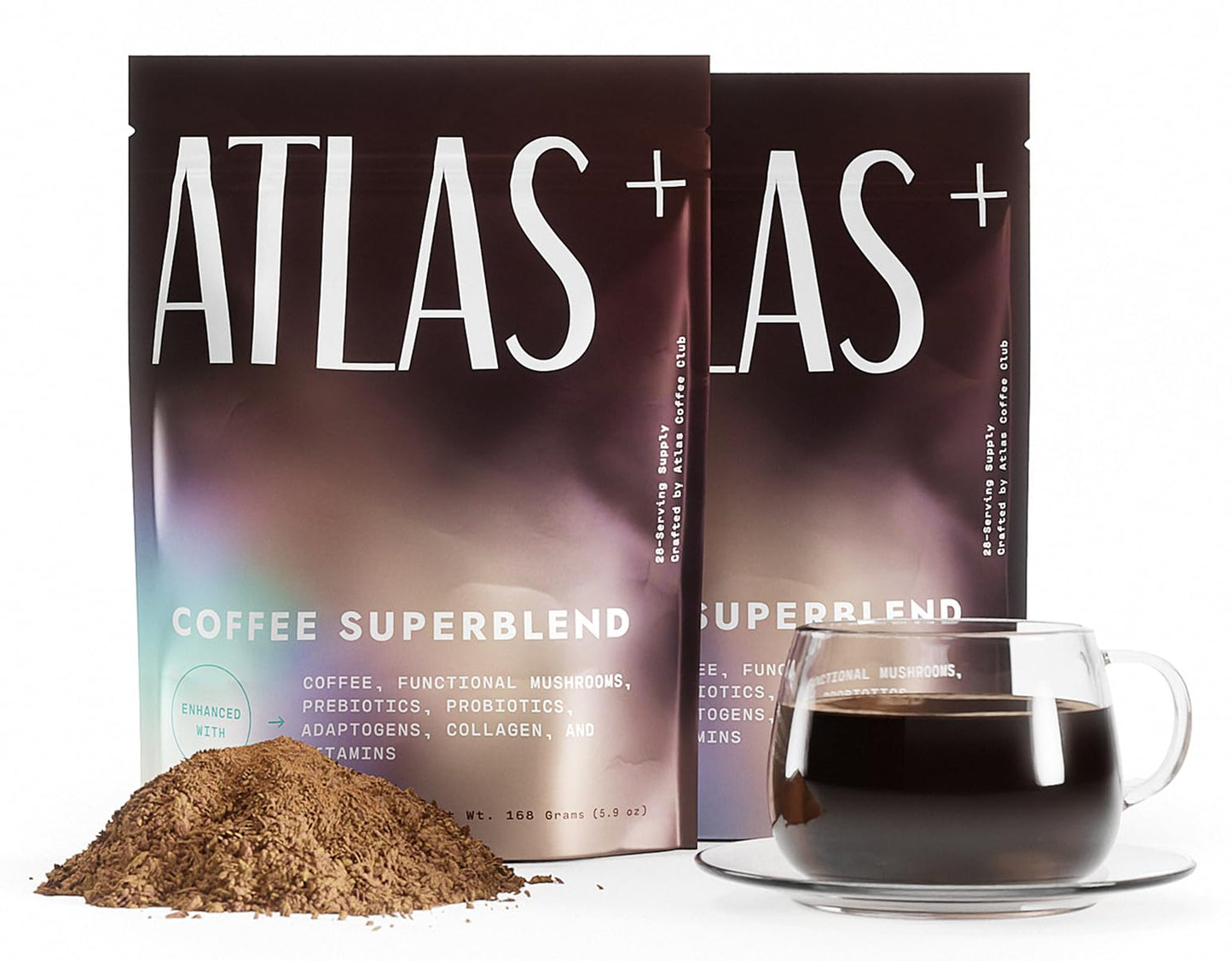 Atlas+ Coffee Superblend– Premium Mushroom Coffee with Collagen, Probiotics, D3 & B12, Lion’s Mane, Reishi, Cordyceps– for Energy, Focus, Immunity & Gut Health– 56 Servings (2 Bags)