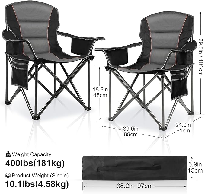 LANMOUNTAIN 2 Pack Padded Oversized Camping Chairs for Adults,Heavy Duty Support 400 Lbs,Folding Portable Lawn Chair w/Cup Holder,Cooler Bag,Side Pocket,Perfect for Outdoor Picnic,Hiking(Black)