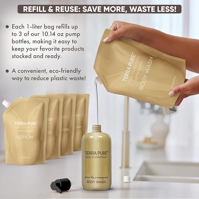 Terra Pure Spa Collection 1 Liter Body Wash Refill Bag For Soap Dispensers | Bulk Toiletries for Vacation Rentals, and Home Bathroom Showers | Green Tea Lemongrass | Set of 12