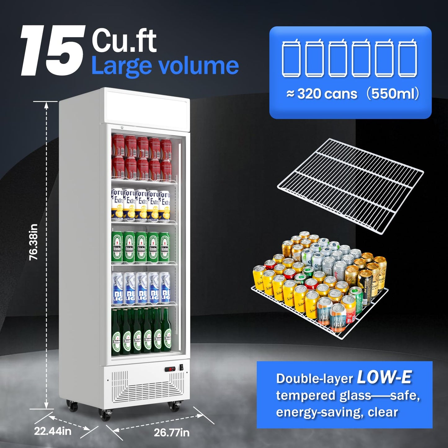 BINGERMA Commercial Beverage Refrigerator 15 Cu.ft. with Glass Door Display Merchandiser Fridge ETL Drink Cooler for Bars,Restaurants, Convenience Stores, Supermarkets and Offices White