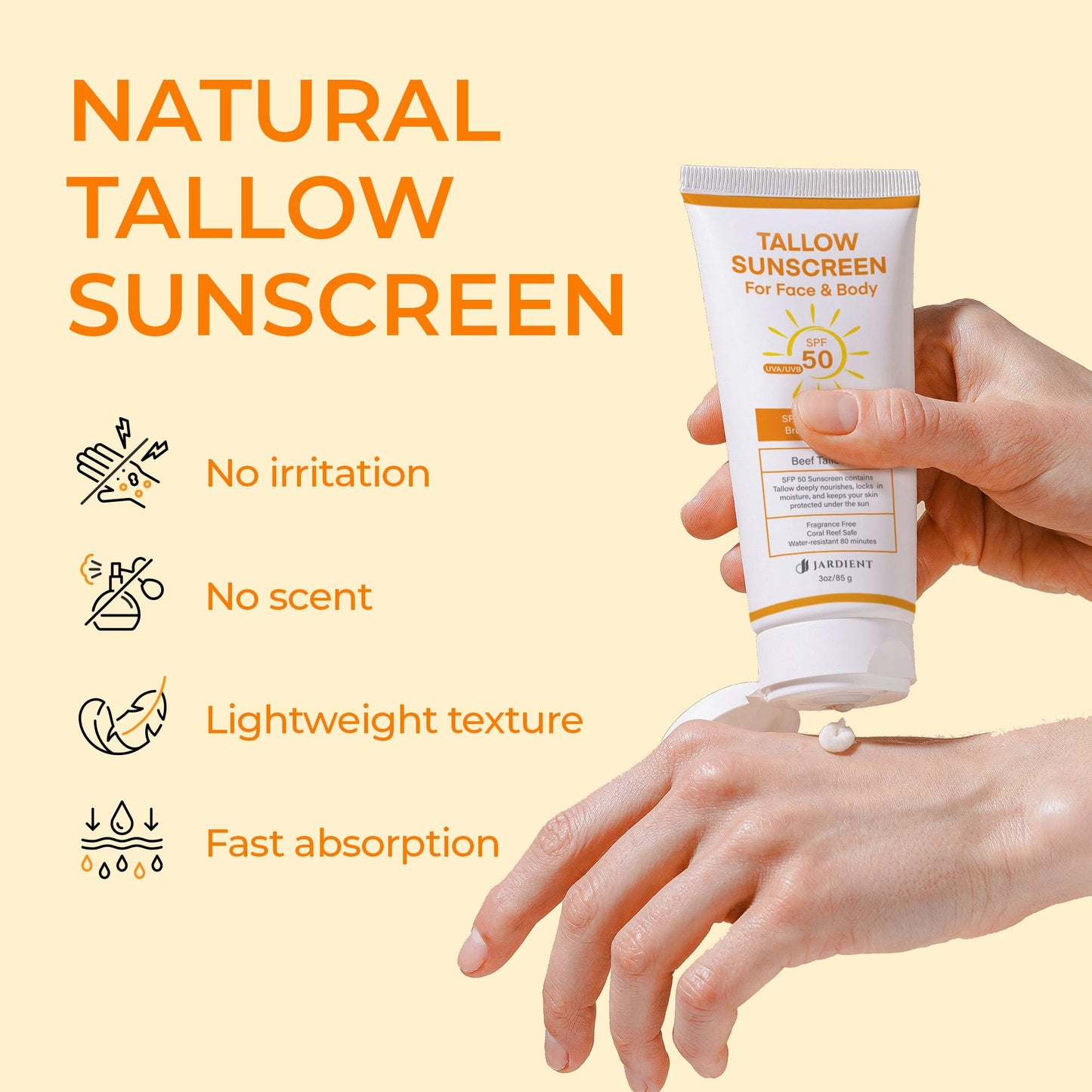Beef Tallow Sunscreen with Mineral SPF 50 3oz : Instant Sun Protection Non Nano Zinc Oxide Sunblock- Non Greasy Formula- Beach J
