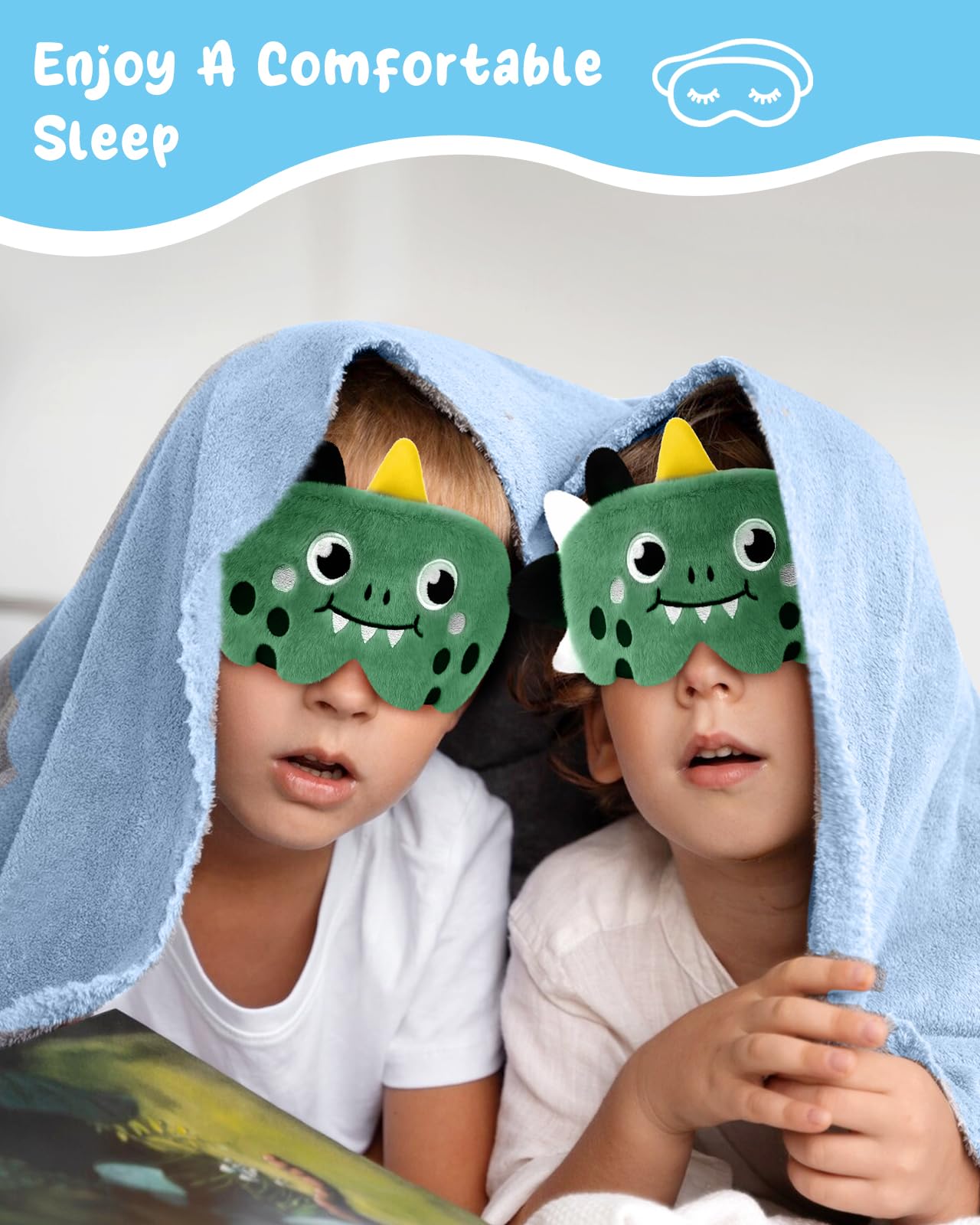 Miss Adola Sleep Mask for Kids - Cute Cartoon Plush Fuffy Sleeping Eye Cover Green Dinosaur Kawaii Soft Eyeshade with Adjustable Strap Animal Eye Blindfold for Kids Girls Boys Teens