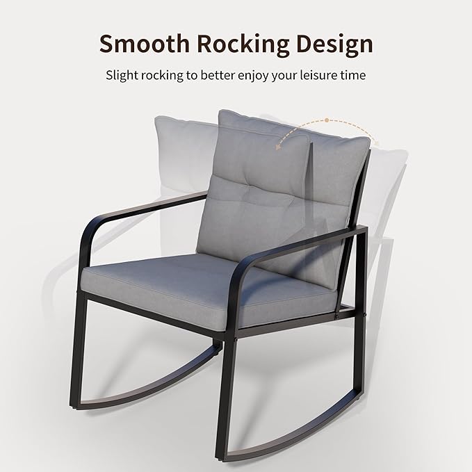 Gizoon 3 Piece Rocking Bistro Set, Black Steel Patio Furniture, Porch Chairs Conversation Set with Glass Coffee Table, Back Cushion, for Balcony, Garden, Deck, Backyard, Grey