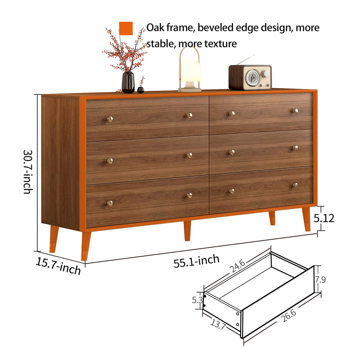 Messenya Mid Century Modern 6-Drawer Dresser, 55 Inch Wide Solid Wood Frame Chest, Walnut Finish, Beveled Design, Heavy-Duty Drawer Glides, Storage Cabinet for Bedroom, Living Room, TV Stand
