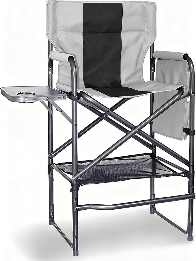 Foristrail 30" Tall Directors Chair with Side Table, 400LBS Bar Height Folding Camping Chair (Light Gray/Black)