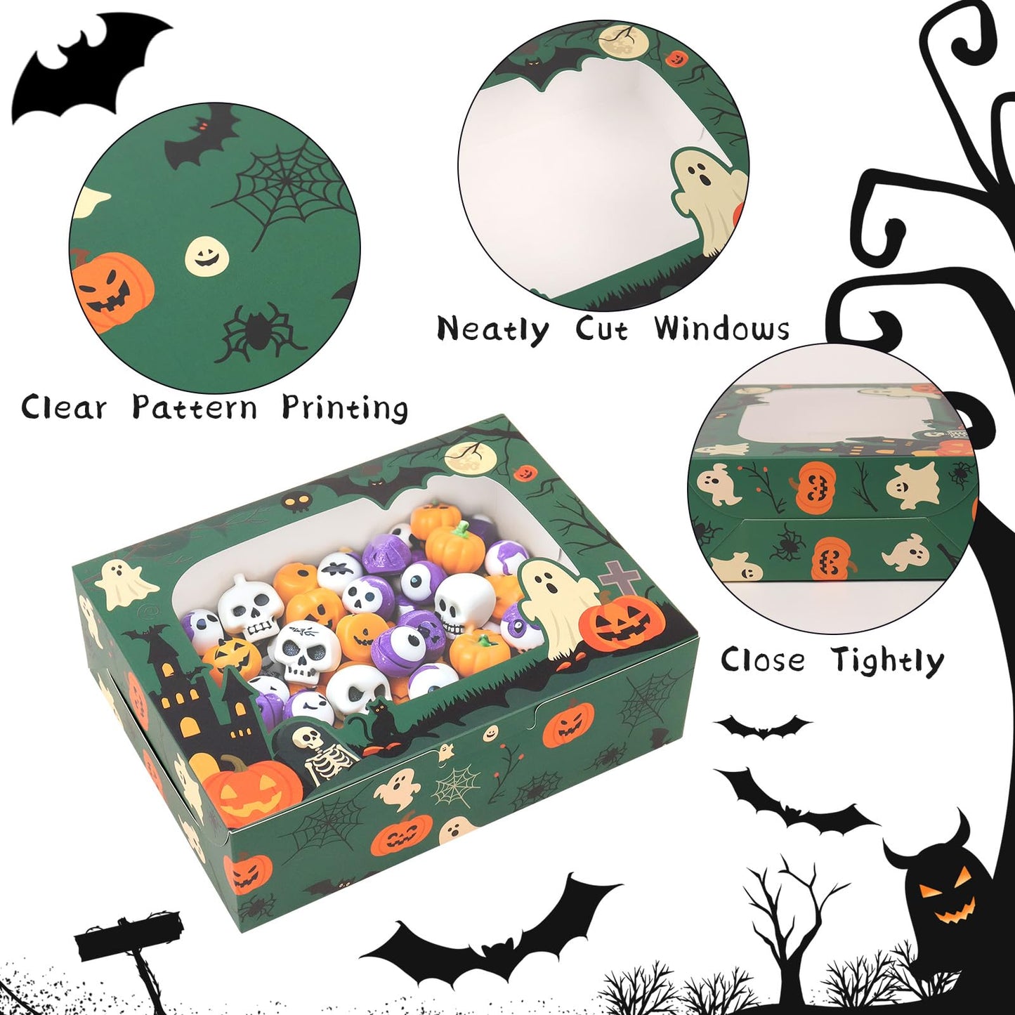 OUGEBOX 30 Pcs Halloween Cookie Boxes for Gift Giving, 8x6x2.5 Inch Bakery Boxes with Window, Treat Boxes for Desserts, Macarons, Donuts, Pastries
