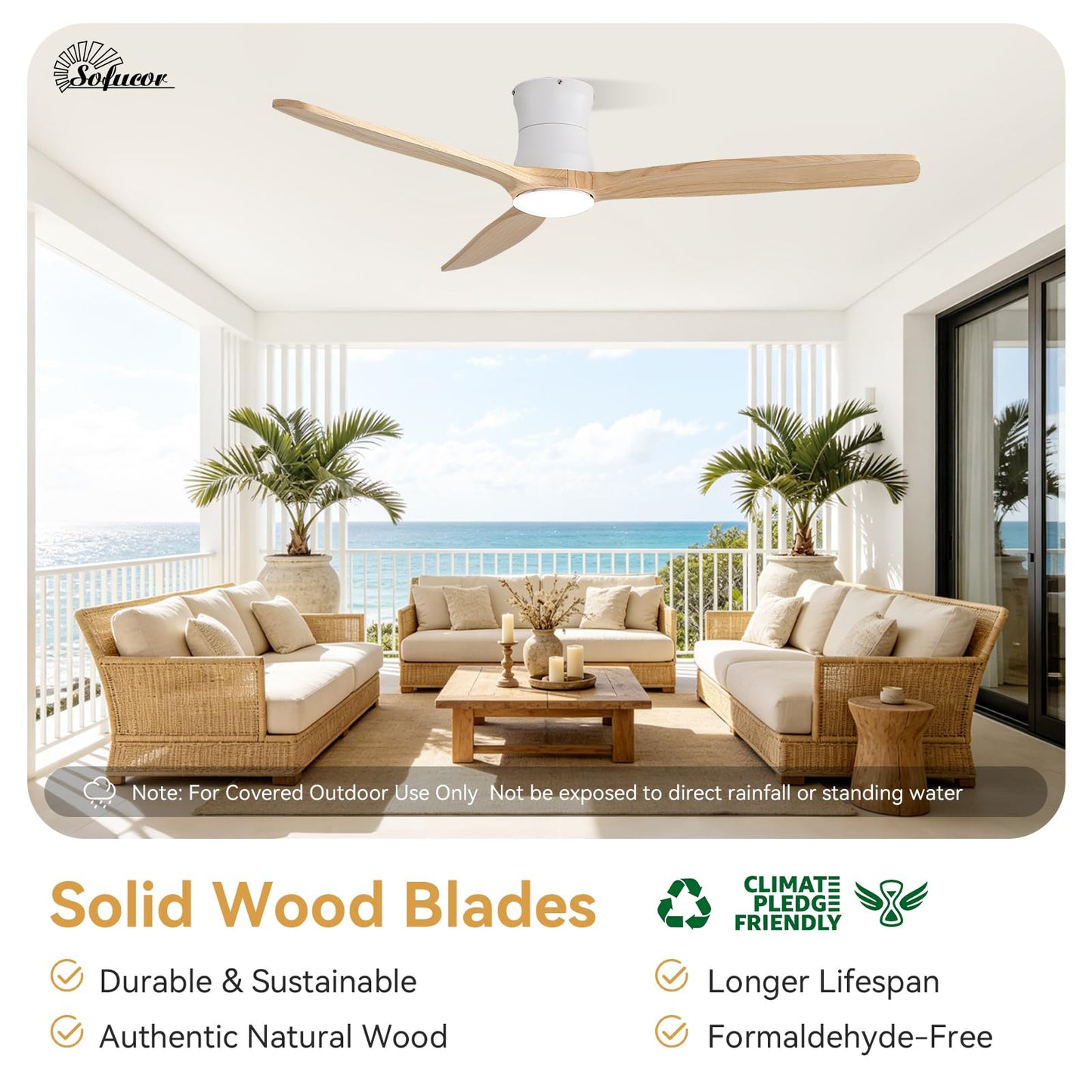 Sofucor 52" Smart Ceiling Fan, Solid Wood Ceiling Fan with Lights and Remote, Flush Mount Ceiling Fan Works with Alexa/Google/App, Dimmable 6-Speed Timing Reversible DC Motor for Bedroom Living Room