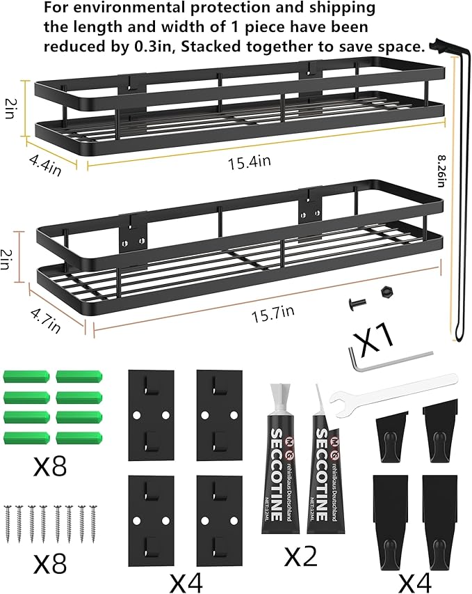 Spice Rack Organizer Wall Mount - 15.7in 2Pack [Upgraded Version] Hanging Seasoning Organizer Shelf with Paper Towel Holder, Storage for Cabinet or Wall Mounted with 4 Strong Hooks (Simple black)