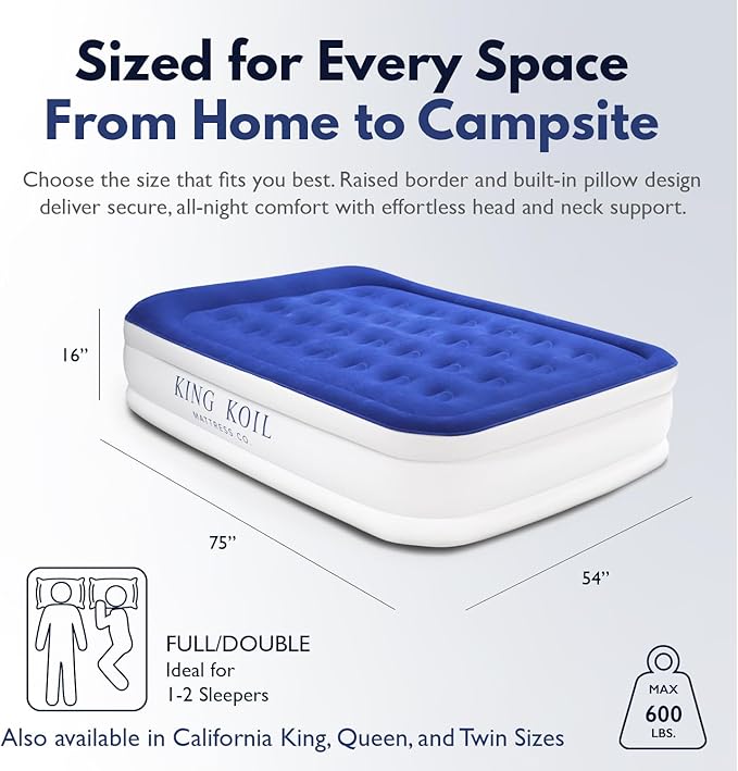 King Koil Full Size Premium Air Mattress with Built-in Pump for Home, Camping & Guests, 16" Inflatable Airbed Double High Adjustable Blow Up Mattress, Durable - Portable and Waterproof