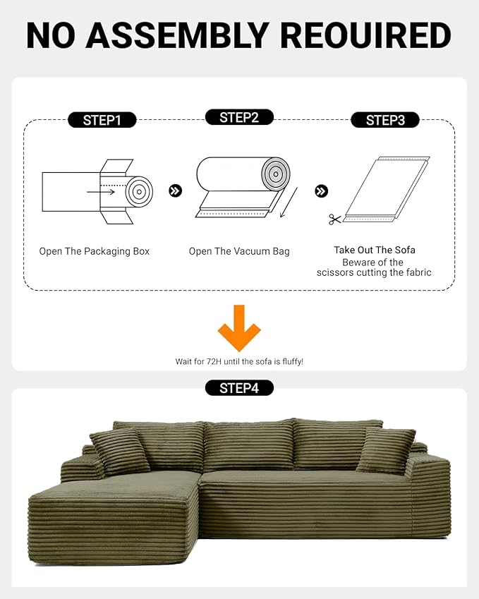108" Cloud Sectional Couch,Modern Modular Sectional Sofa with Deep Seat,Corduroy Boneless Couches with L-Shape Chaise for Living Room,No Assembly Required (Green, Left Facing Chaise)
