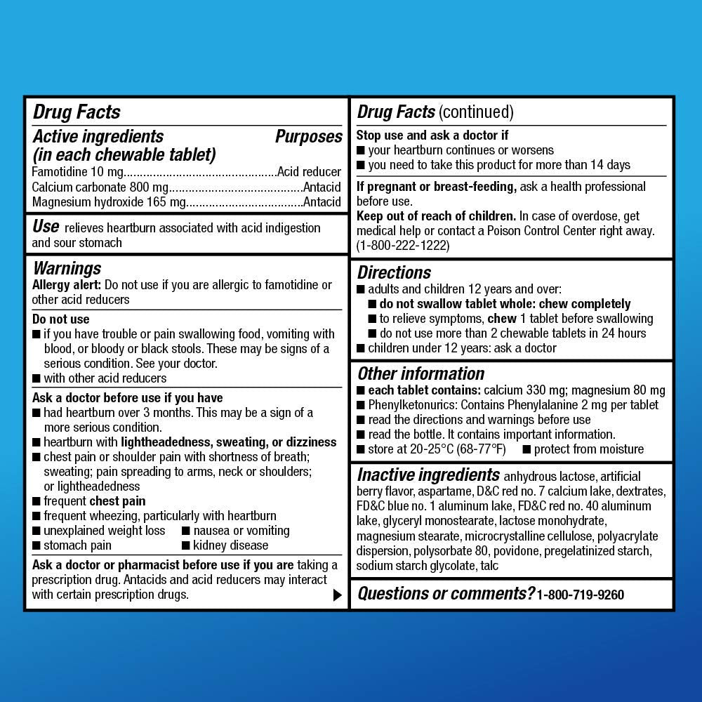 Amazon Basic Care Dual Action Complete, Chewable Acid Reducer Plus Antacid Tablets, Berry Flavor, Heartburn Medicine, Acid Indigestion Relief, 50 Count (Pack of 2)