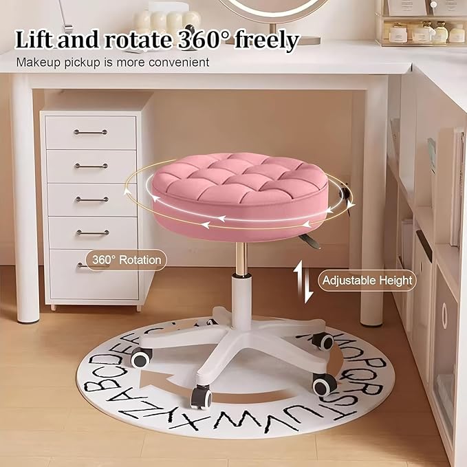JPBSTO Small Rolling Stool with Wheels, PU Leather Height Adjustable Vanity Work Task Stool, 360 Swivel, Padded Seat Cushion, for Salon, Home, Office