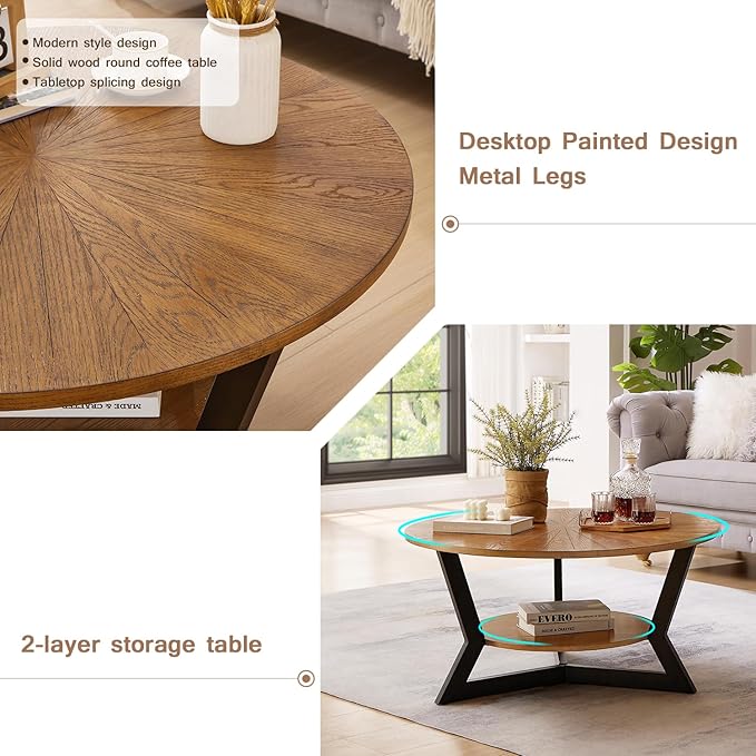 Round Coffee Tables for Living Room, 2-Tier Modern Circle Center Table with Storage, Wood Sofa Table with Metal Frame，35'x 17' Inches，Easy Assembly，Walnut