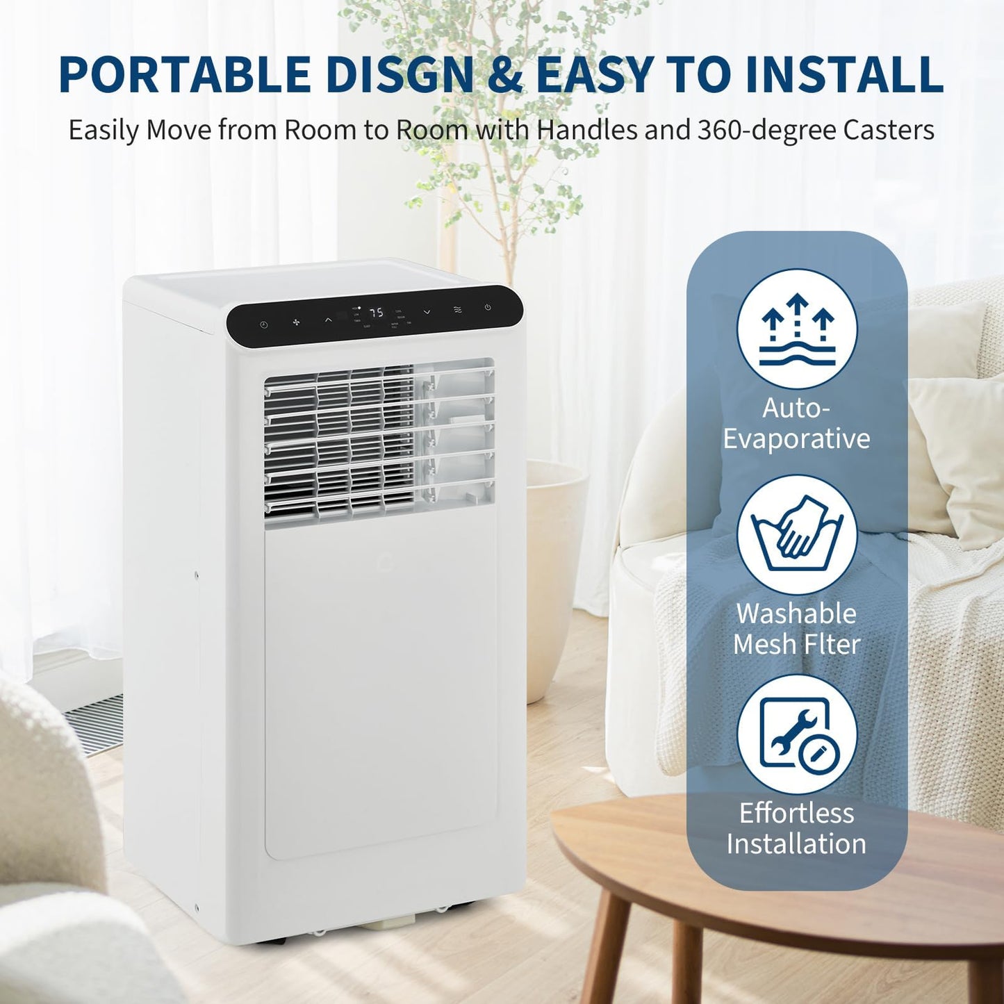10,000 BTU Portable Air Conditioners, 4-in-1 Portable AC Unit with Heat, Cool, Fan and Dehumidifier, Up to 450 Sq.Ft, 24H Timer, Remote, LED Display, Quiet 50 dB for Bedroom Office