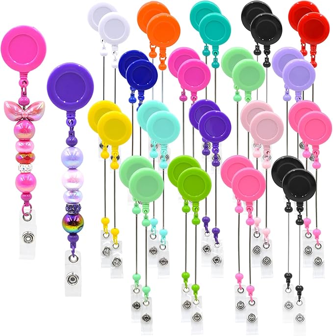 30pcs Colorful Beadable Badge Reels Making Kits - Beaded Blank Bars Bulk - Retractable Badge Reel with Belt Clip for ID Na...