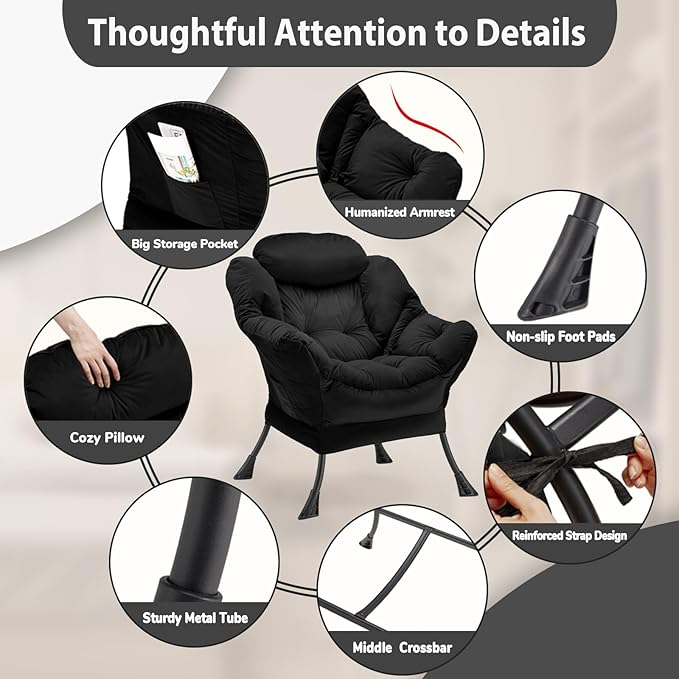 Youtanic Lazy Chair Thick Padded, Comfy Velvet Accent Lounge Chair with Stable Frame, Leisure Sofa Armchair with Armrests and Side Pocket, Reading Chair for Bedroom, Living Room, Office, Black