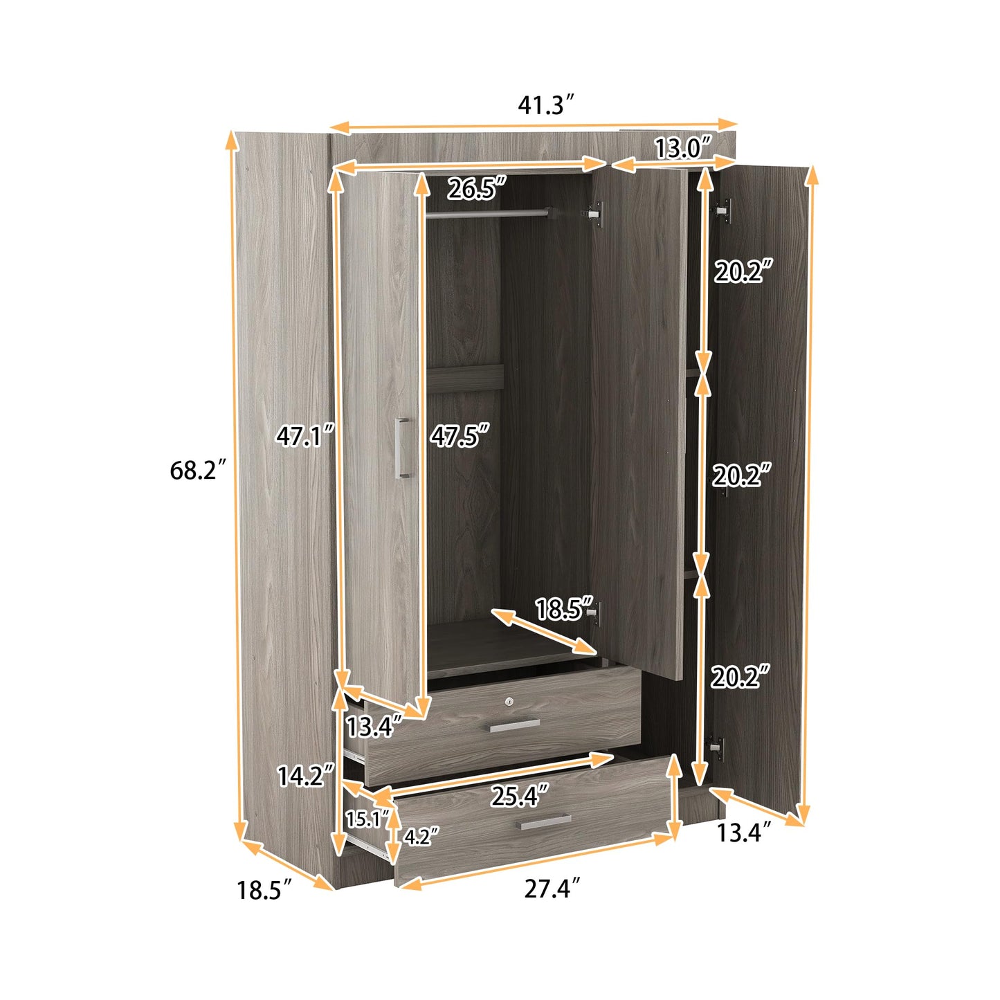 Merax 3 Door Wardrobe Cabinet Closet with Storage Drawers, Shelves and Hanging Rail for Clothes, Bedroom Organizer Funiture